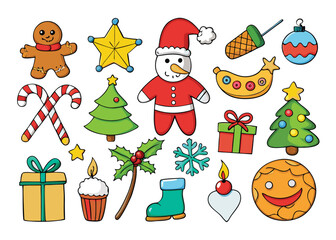 Fototapeta premium Vector art of whimsical collection of christmas icons featuring santa, snowman, gingerbread, and festive elements