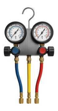 Manifold gauge set with color-coded hoses for refrigerant system analysis.