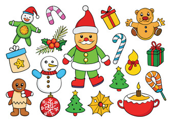 Vector art of a collection of cute cartoon christmas icons including santa claus, snowman, gingerbread man, candy cane, gift, and tree