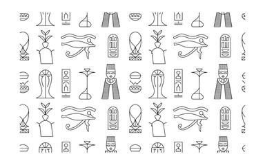Ancient Egypt Seamless Pattern: Black Outline Hieroglyphics with Eye of Horus, Cartouche, Pharaoh, Lotus, Isis knot on White Background for Textile and Paper Design