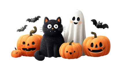 Cartoon-style carved pumpkins, black cat, ghost, and bats in decoration, isolated on white background