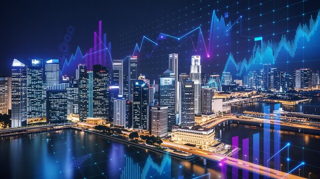 Stunning cityscape with financial data overlay, ideal for investment and business strategy presentations