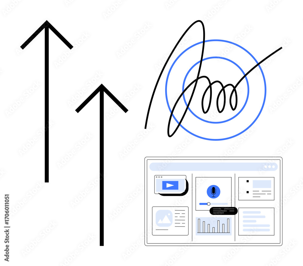 Poster arrows pointing upward, digital signature with concentric circles, and business dashboard with graph