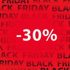 Black Friday red square banner with discount percentage 30, simple minimalistic eye-catching design