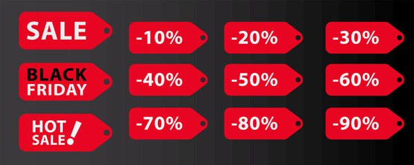 Black Friday banner set, Price Tag with discount percentage, text, ad template, simple minimalistic design in black, red and white colors