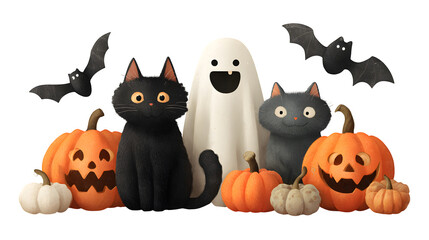 Cartoon-style illustration of carved pumpkins, black cat, ghost, and bats, isolated on white background