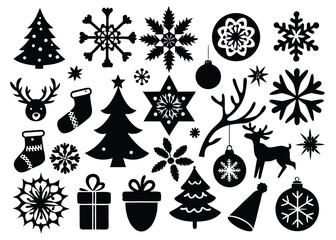 Vector art of assortment of black christmas icons and symbols, featuring snowflakes, trees, reindeer, ornaments, and gifts