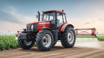 Naklejka premium Modern tractor spraying pesticide on a large green field during sunset in a rural farming landscape with dramatic clouds and vibrant colors