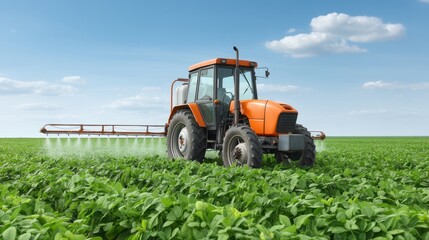 Obraz premium Agricultural tractor spraying pesticide over lush green soybean field under clear blue sky with fluffy clouds in the background, showcasing modern farming techniques.