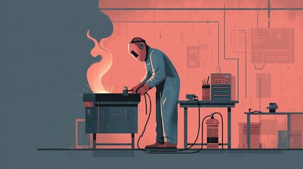 Welder Working in a Industrial Workshop with Sparks and Flames