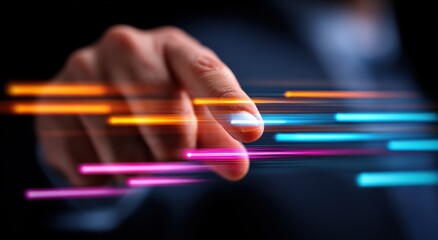 A hand touches vibrant, streaking neon lights in pink, blue, and orange. A navy suit provides dark contrast, suggesting technology or futuristic concepts