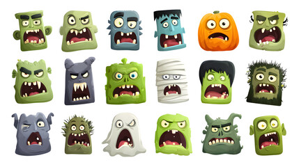 Obraz premium Cartoon horror Halloween icon vector set with sticker designs, AI generated, isolated on white background