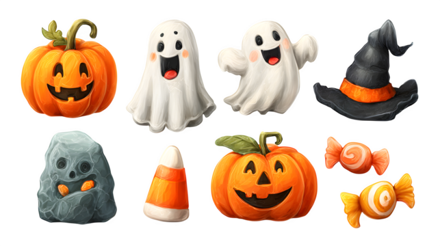 Cartoon Halloween elements including smiling pumpkin, ghost, witch hat, and candies, isolated on white background