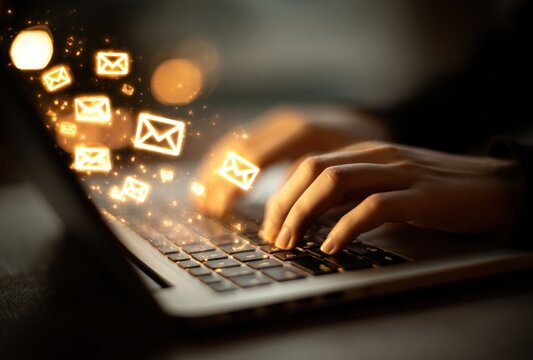 Hands typing on a laptop with stylized email icons floating upwards. Focused on hands & keyboard, soft bokeh background. Soft lighting - Powered by Adobe