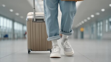 Fototapeta premium Casual Traveler with suitcase in airport hallway, showcasing modern footwear and stylish relaxed outfit, symbolizing adventure and mobility