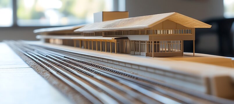 Closeup of a detailed architectural model of a modern train station, showcasing design elements and miniature tracks in a bright setting