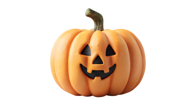 Cartoonish Halloween pumpkin with smiling face and triangular eyes, isolated on white background