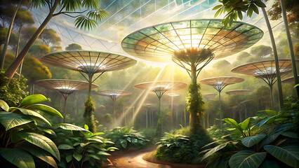 Illustration of rainforest canopy integrated with futuristic glowing eco technology