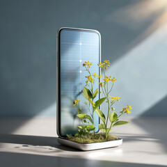 Smartphone with Solar Screen and Growing Plants in Sunlight
