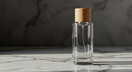 Elegant Clear Glass Bottle with Wooden Cap on Marble Surface