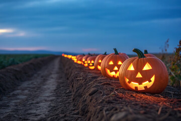 Glowing Jack-o’-Lanterns in Twilight Field – Halloween Pumpkin Line with Evening Sky Photograph