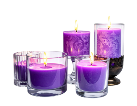 Collection of Elegant Purple Candles with Decorative Holders PNG
