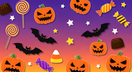Festive Halloween Background with Pumpkins Bats Candies and Stars for Holiday Celebrations