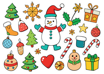 Fototapeta premium Vector art of assortment of festive christmas elements like snowmen, trees, snowflakes, ornaments, and gifts, all drawn in a charming style and