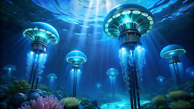 Illustration of underwater glowing turbines shaped futuristic eco renewable energy - Powered by Adobe