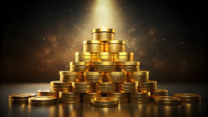 Luxury golden coins stacked in pyramid glowing against futuristic elegant backdrop