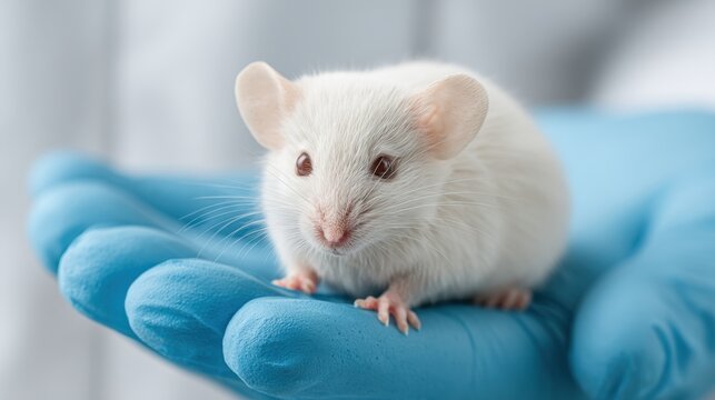 White laboratory mouse sitting gently on a gloved hand in a clinical environment showcasing research and animal care in a scientific setting