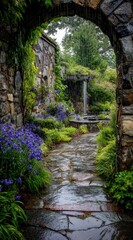Fototapeta premium A stone archway reveals a garden path in the rain