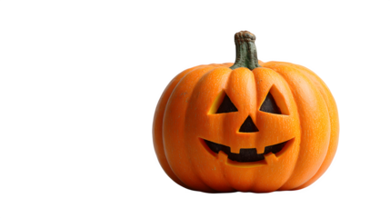 Classic Halloween pumpkin with carved face glowing warmly, isolated on white background