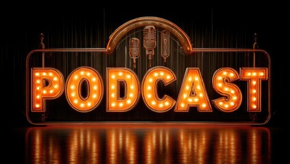 Retro podcast sign with warm lighting