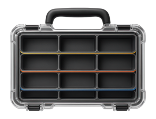 Transparent case with removable trays for separating hardware pieces in a garage.