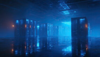Futuristic server room bathed in blue light