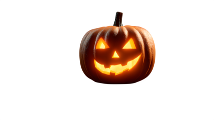 Classic jack-o-lantern pumpkin glowing warmly in the dark, isolated on white background