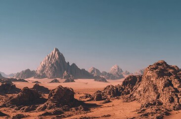 Fototapeta premium Sparse arid landscape with rocky outcrops and distant, jagged mountains under a clear blue sky, evoking a desolate, otherworldy feel