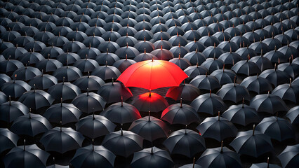 Obraz premium Minimalist glowing red umbrella in black umbrella crowd futuristic concept