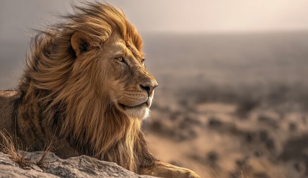 Majestic lion resting on a rocky outcrop, windswept mane