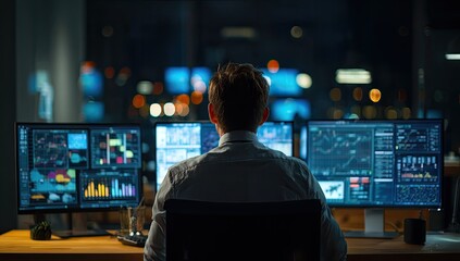 A man in a business office at night, monitoring multiple displays