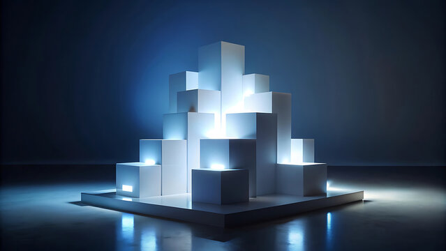 Minimalist glowing white blocks in futuristic spotlight abstract neon style