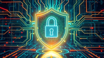 Futuristic AI Cybersecurity Shield with Neon Digital Lock, Encrypted Circuits, Holographic Data Network, and Advanced Firewall