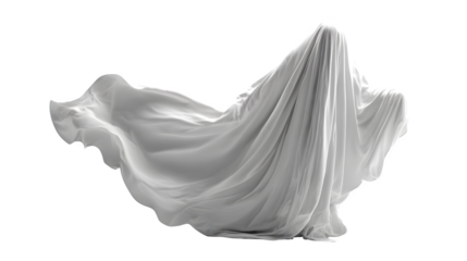 Cloth ghost Halloween costume with flowing white sheet, AI generated, isolated on white background
