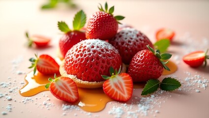 A luscious strawberry creation where plump, glistening strawberries release bursts of freshness, balanced by a subtle sweetness that delights the taste buds in a perfect harmony.