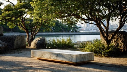 Outdoor marble bench by a waterfront park