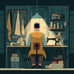 Tailor at Work in a Cozy Workshop with Sewing Machine and Fabric