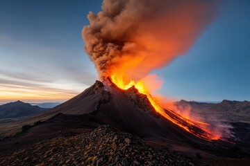 Fototapeta premium A dramatic volcanic eruption with lava flowing down the slopes and ash clouds rising into a colorful sky at sunset.