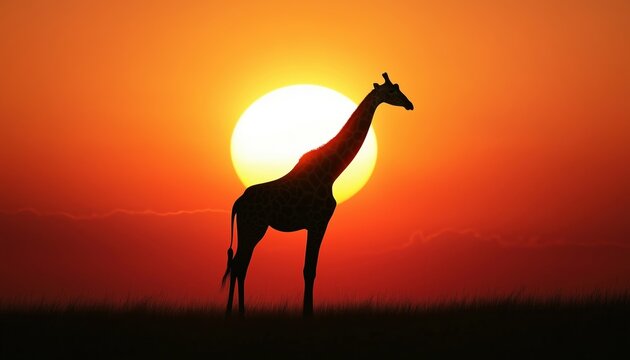 African Giraffe Silhouettes Against A Stunning Sunset: Exploring The Wildlife And Landscapes Of Africa On Safari - Powered by Adobe