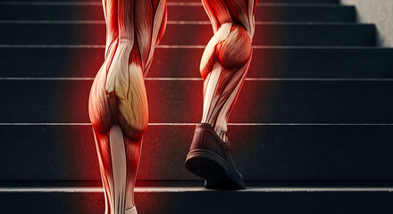 Human leg muscles ascending stairs with highlighted pain or strain